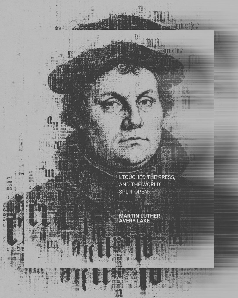 Luther rendered in print in The Alphabet That Answers by Avery Lake