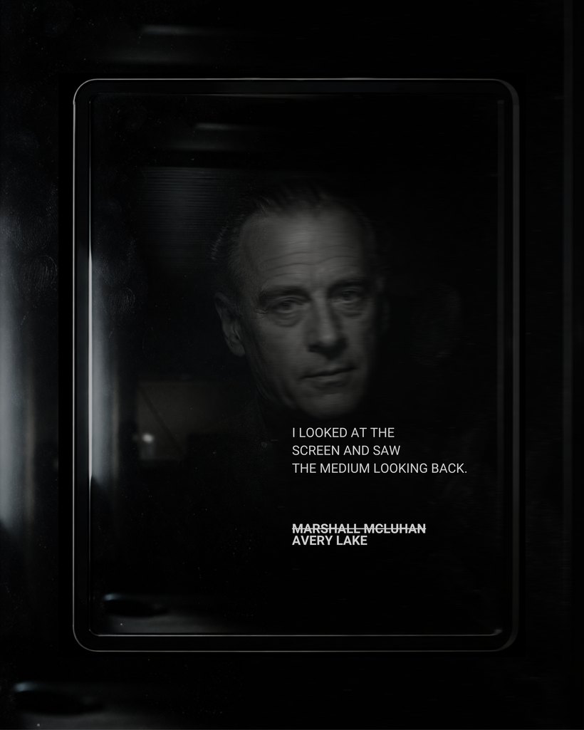 Marshall McLuhan rendered in mirror in The Alphabet That Answers by Avery Lake